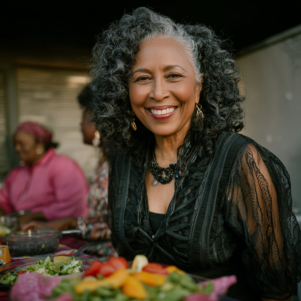Femeie în vârstă de 54 de ani la masă cu familia, servind o masă sănătoasă și colorată, toți zâmbind și demonstrând bucuria de a mânca sanatos împreună