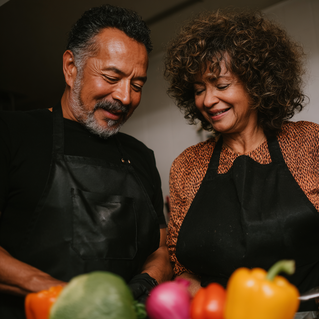 Cuplu în vârstă de 58 și 60 de ani gătind împreună în bucătărie, amândoi zâmbind și arătând vitalitate în timp ce pregătesc o masă sănătoasă cu ingrediente colorate